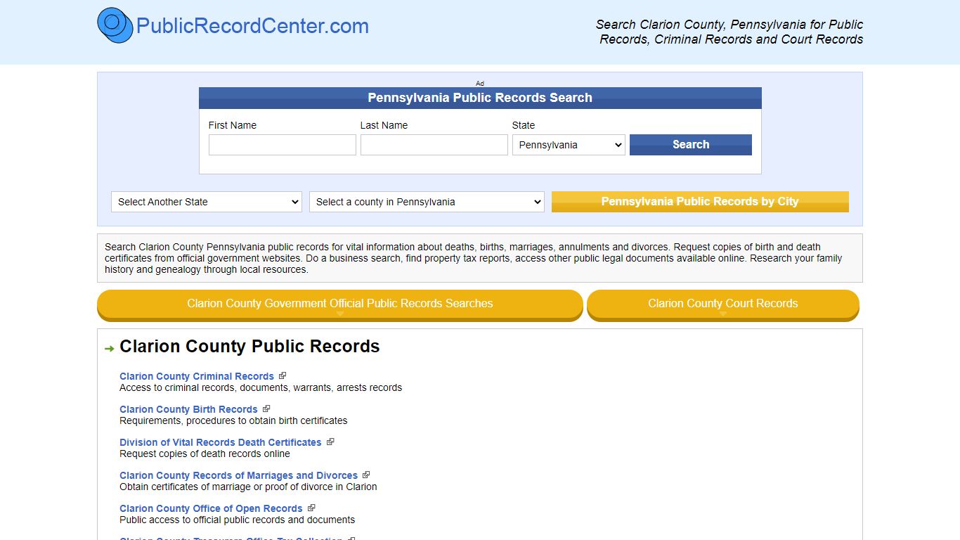 Clarion County Pennsylvania Free Public Records - Court Records ...